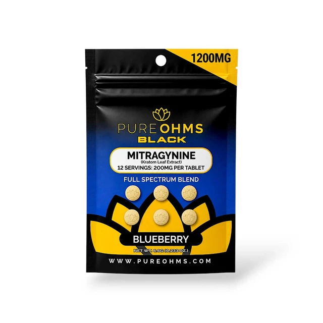 Pure ohms Black Full Spectrum Mitragynine Chewable Tablets Blueberry 200mg
