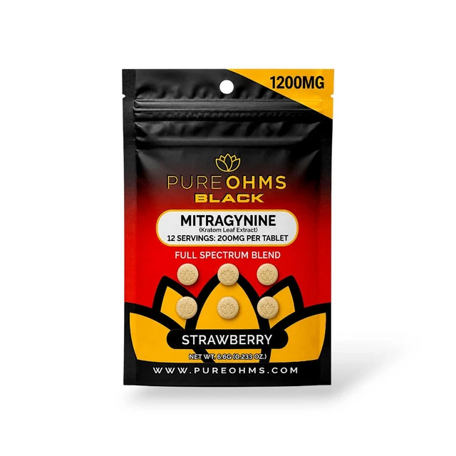 Pure ohms Black Full Spectrum Mitragynine Chewable Tablets Strawberry 200mg